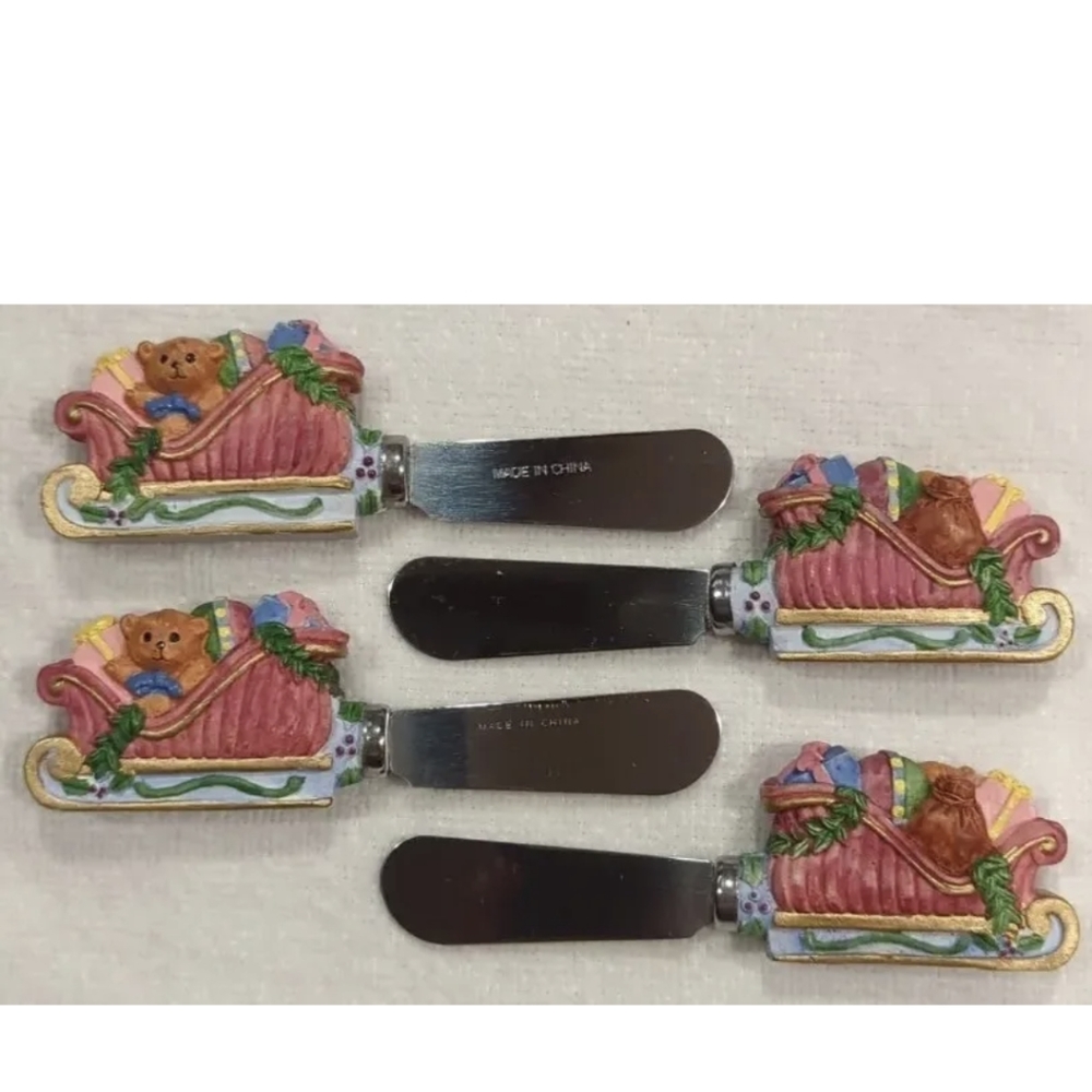 4 Vintage Christmas Sled w/ Bear & Toys Snack Spreaders - JCPenney Set.